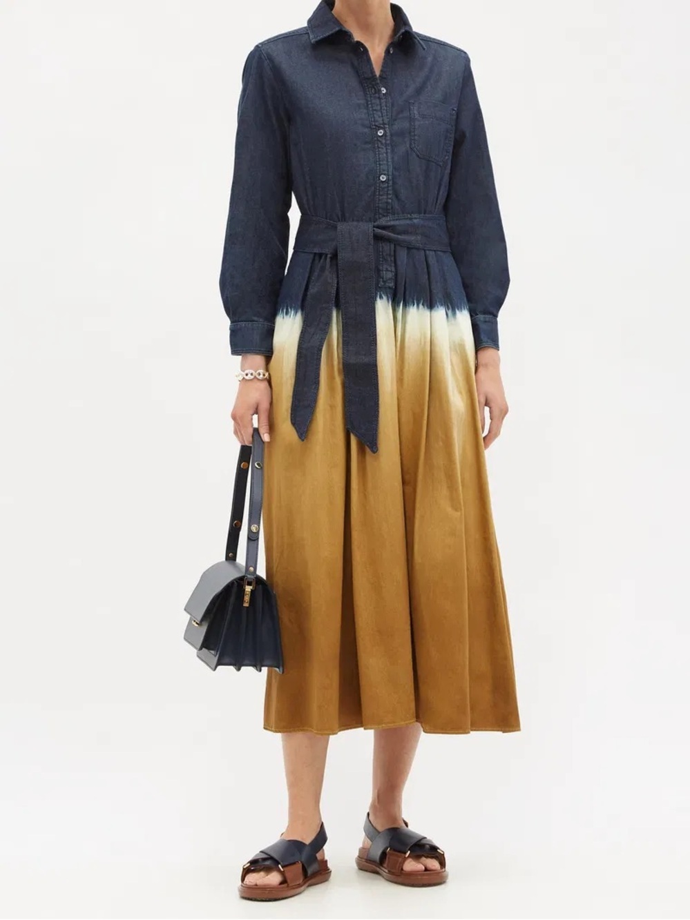 MaxMara Weekend Ombré Tie Dye Blue Tan Belted Cotton Shirt Dress